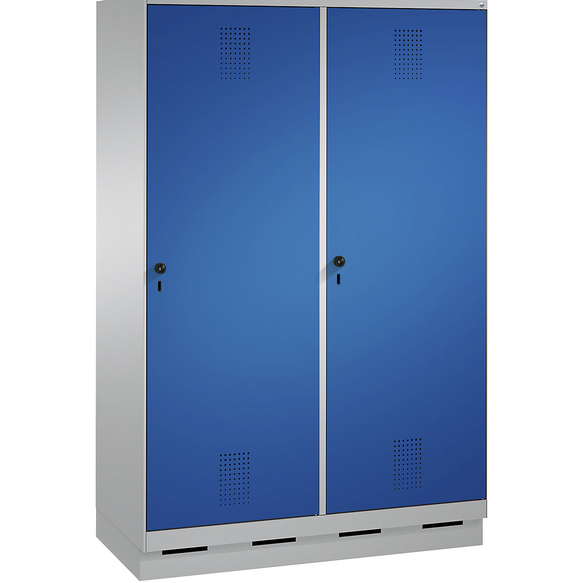 EVOLO Garderobenschrank, Tür über 2 Abteile, mit Sockel C+P, 4 Abteile, 2 Türen, Abteilbreite 300 mm, weißaluminium / enzianblau-10