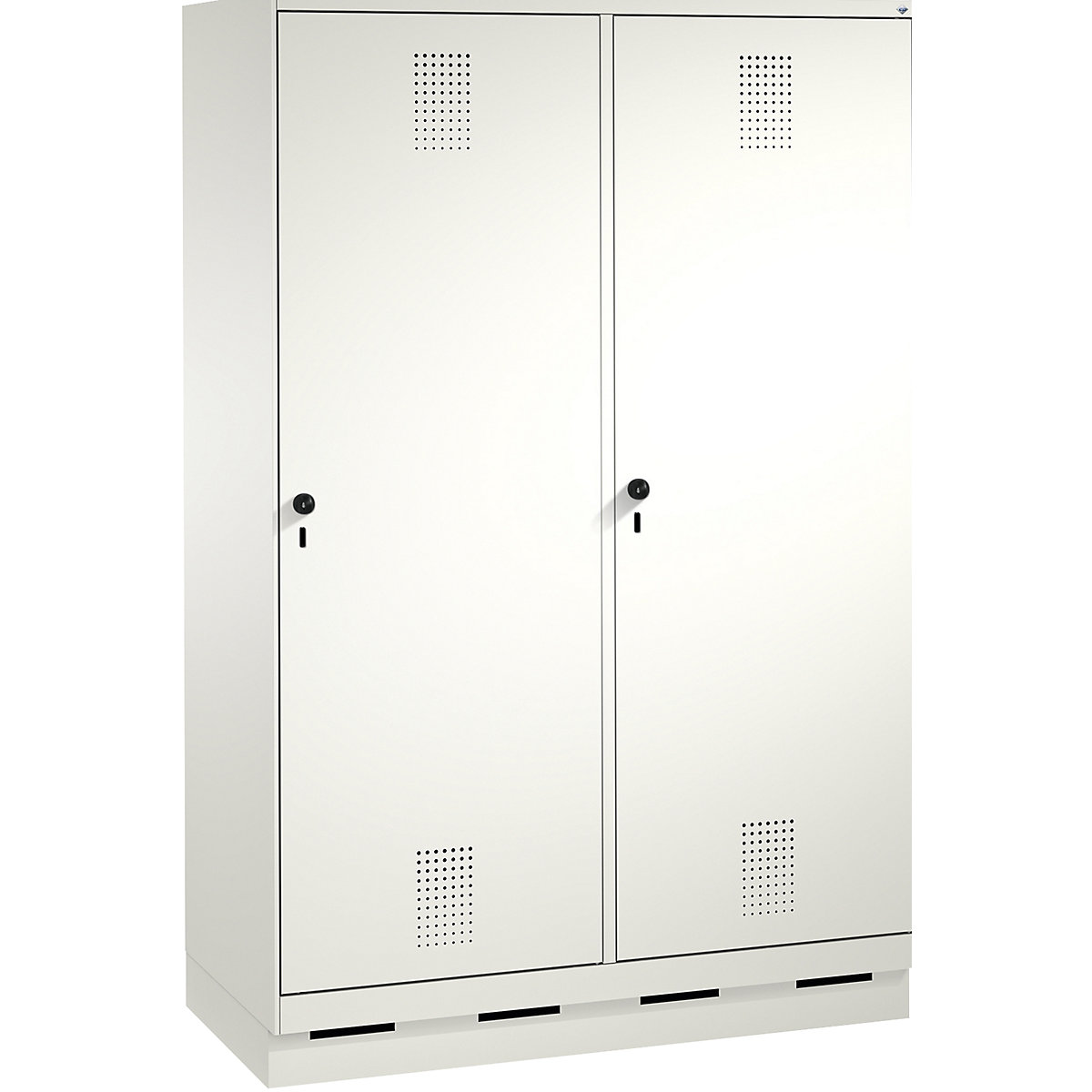 EVOLO Garderobenschrank, Tür über 2 Abteile, mit Sockel C+P, 4 Abteile, 2 Türen, Abteilbreite 300 mm, verkehrsweiß / verkehrsweiß-14