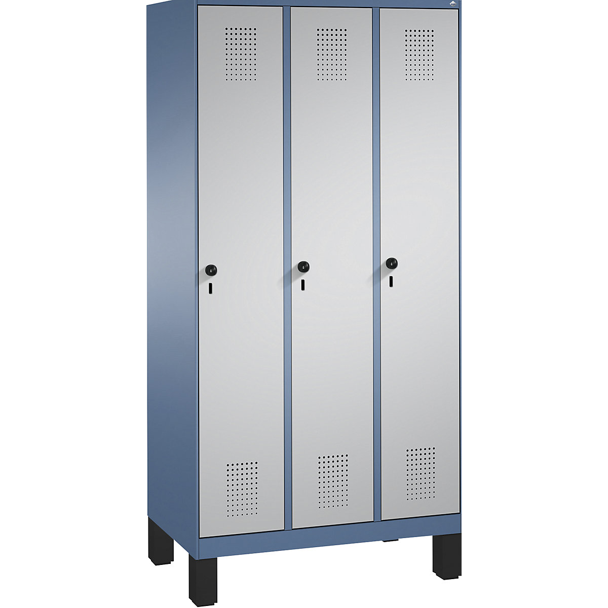 EVOLO Garderobenschrank, mit Füßen C+P, 3 Abteile, Abteilbreite 300 mm, fernblau / weißaluminium-13