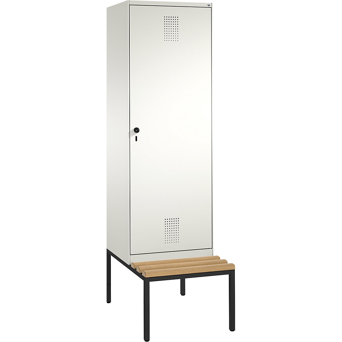 EVOLO Garderobenschrank, mit Sitzbank, Tür über 2 Abteile C+P, 2 Abteile, 1 Tür, Abteilbreite 300 mm, reinweiß / reinweiß-9