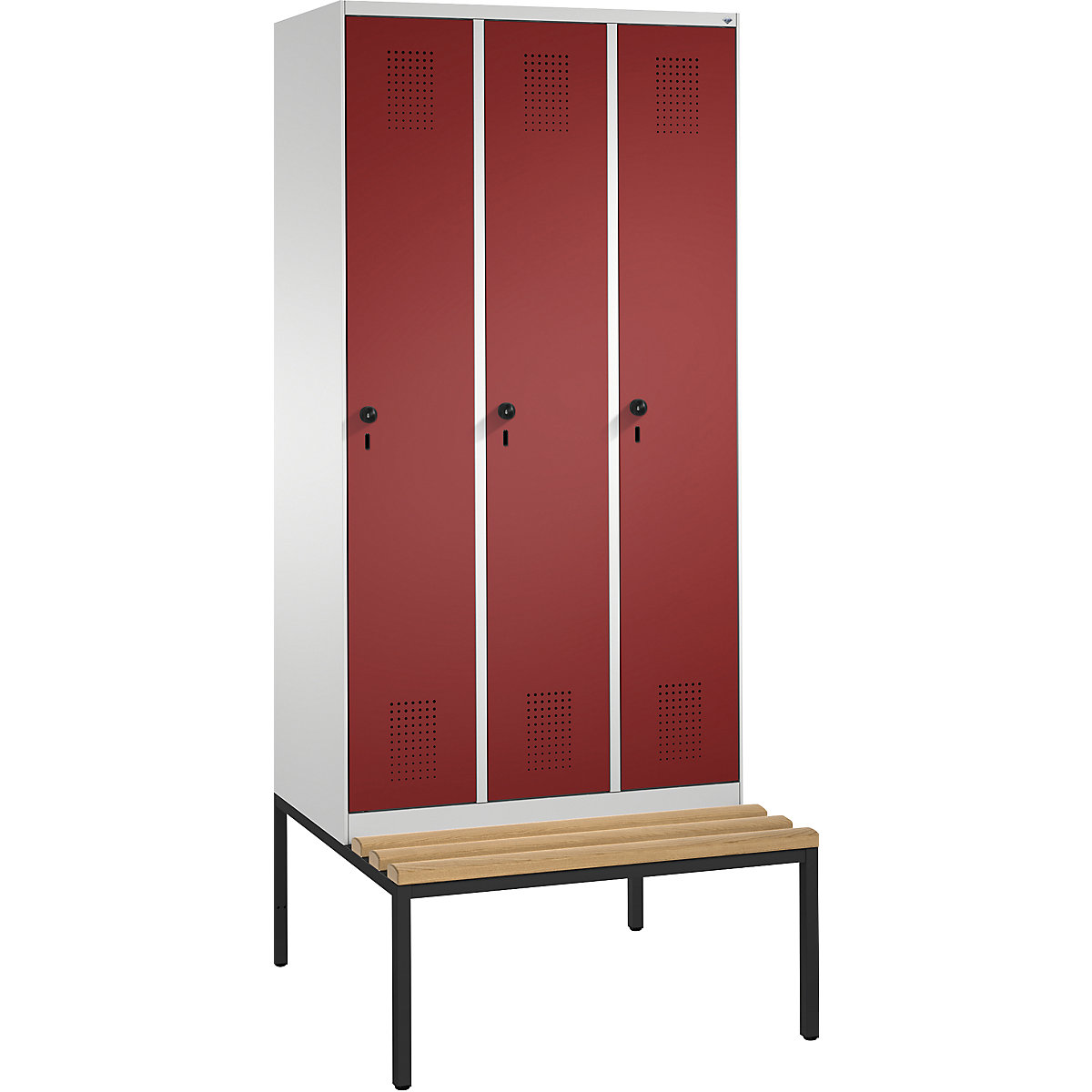 EVOLO Garderobenschrank, mit Sitzbank C+P, 3 Abteile, Abteilbreite 300 mm, lichtgrau / rubinrot-6