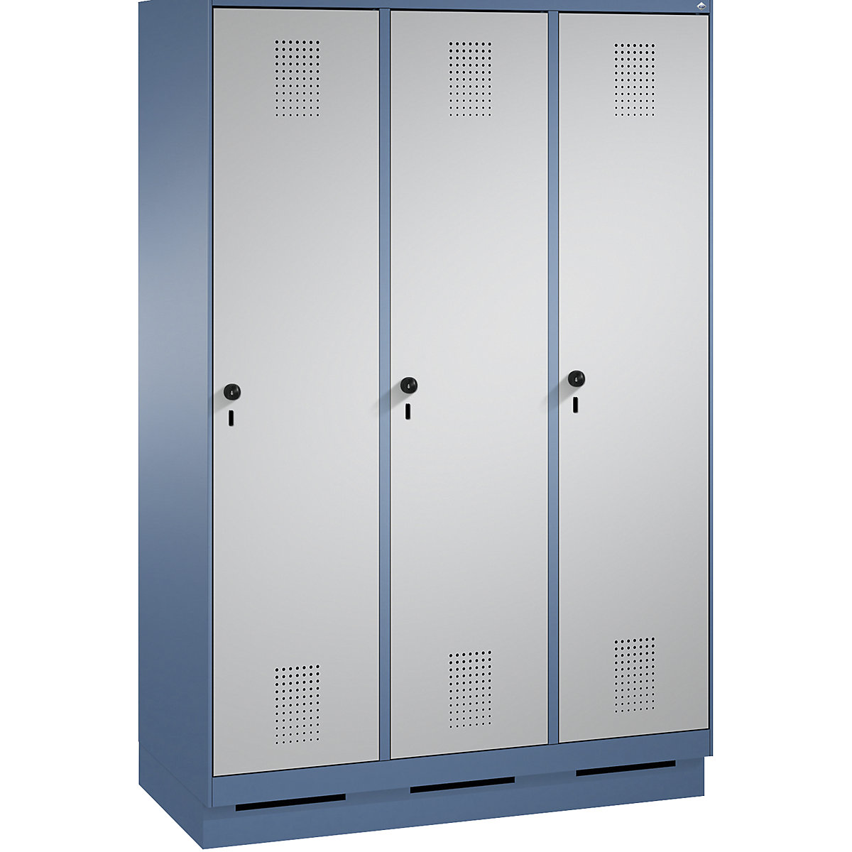 EVOLO Garderobenschrank, mit Sockel C+P, 3 Abteile, Abteilbreite 400 mm, fernblau / weißaluminium-16