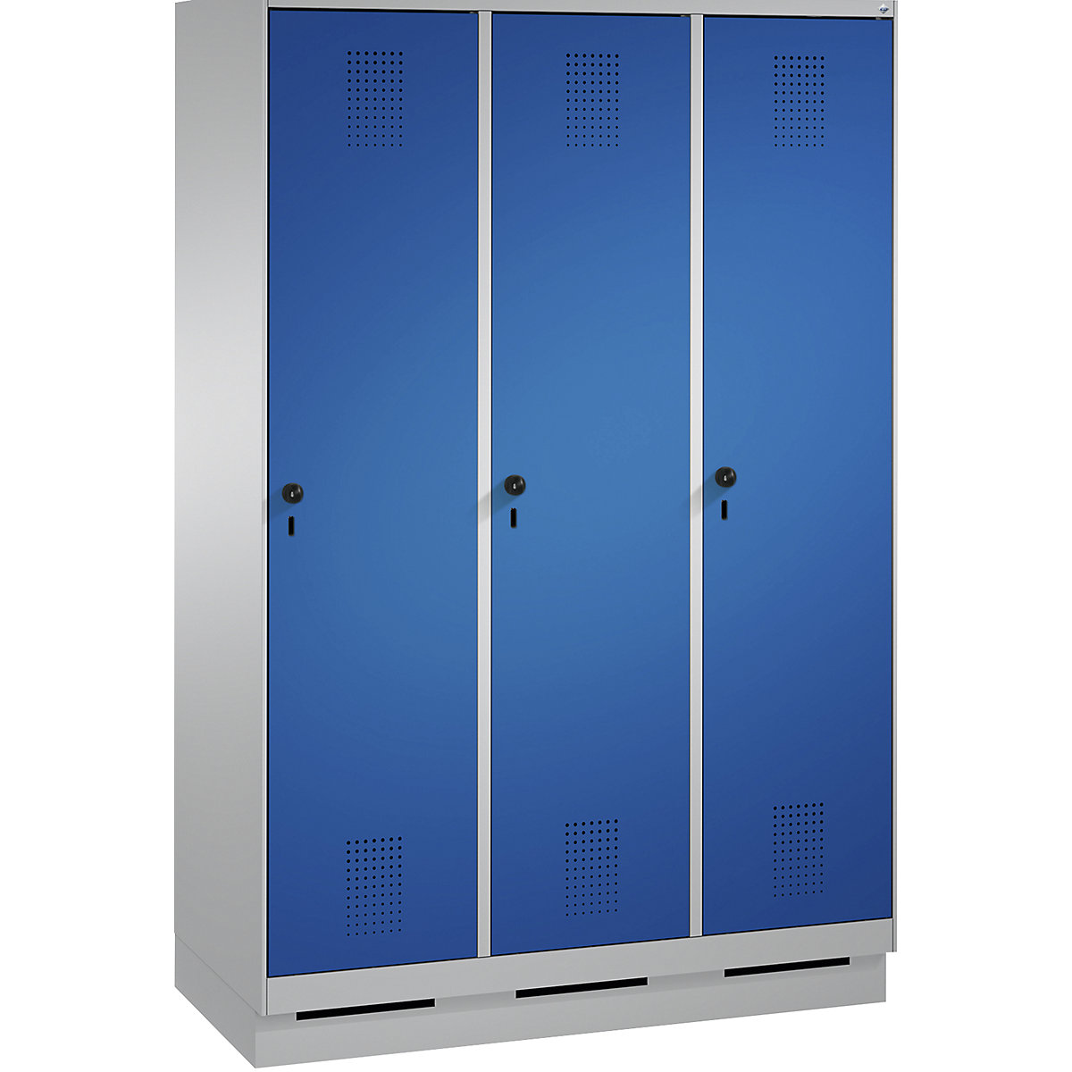 EVOLO Garderobenschrank, mit Sockel C+P, 3 Abteile, Abteilbreite 400 mm, weißaluminium / enzianblau-10