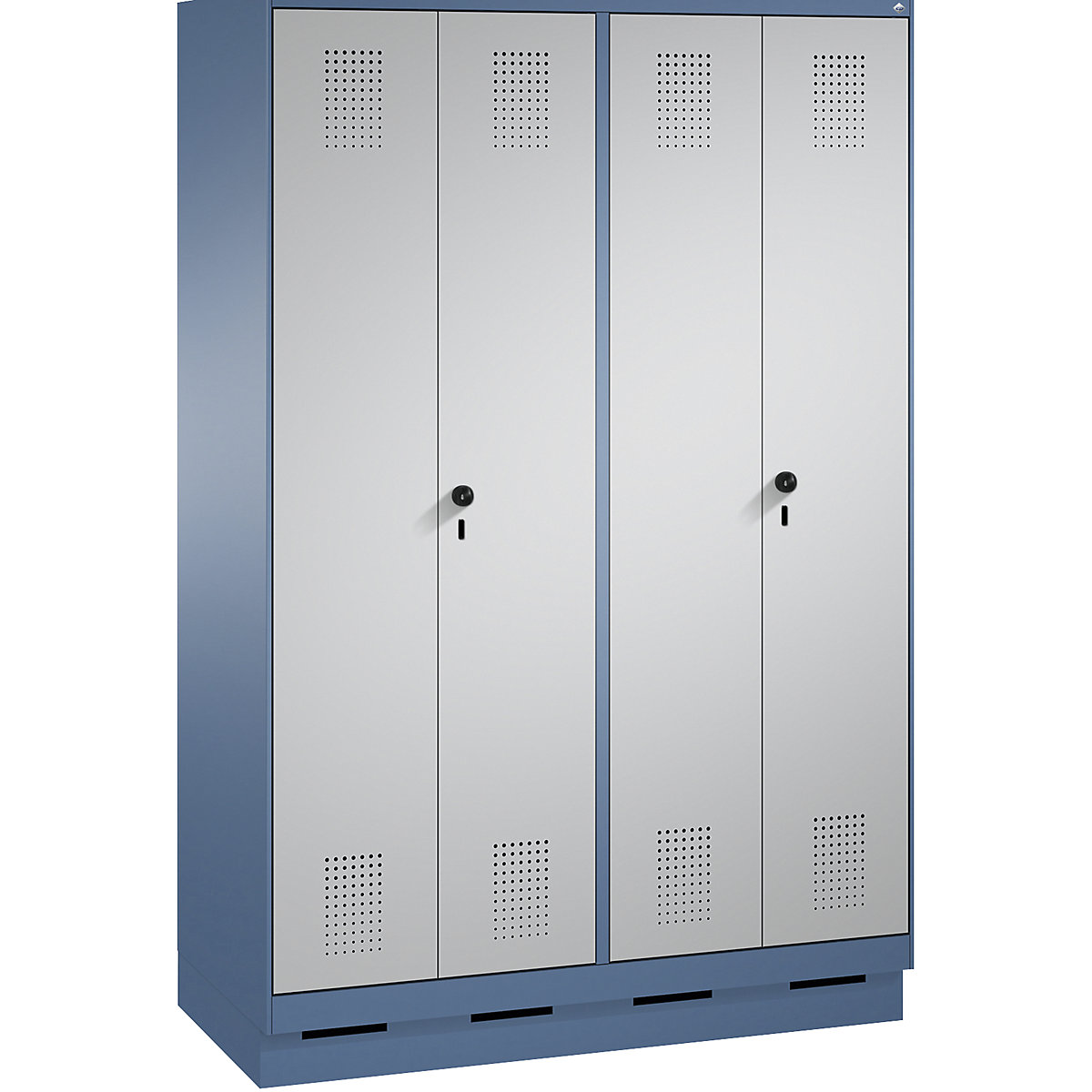 EVOLO Garderobenschrank, zueinander schlagende Türen C+P, 4 Abteile, Abteilbreite 300 mm, mit Sockel, fernblau / weißaluminium-6