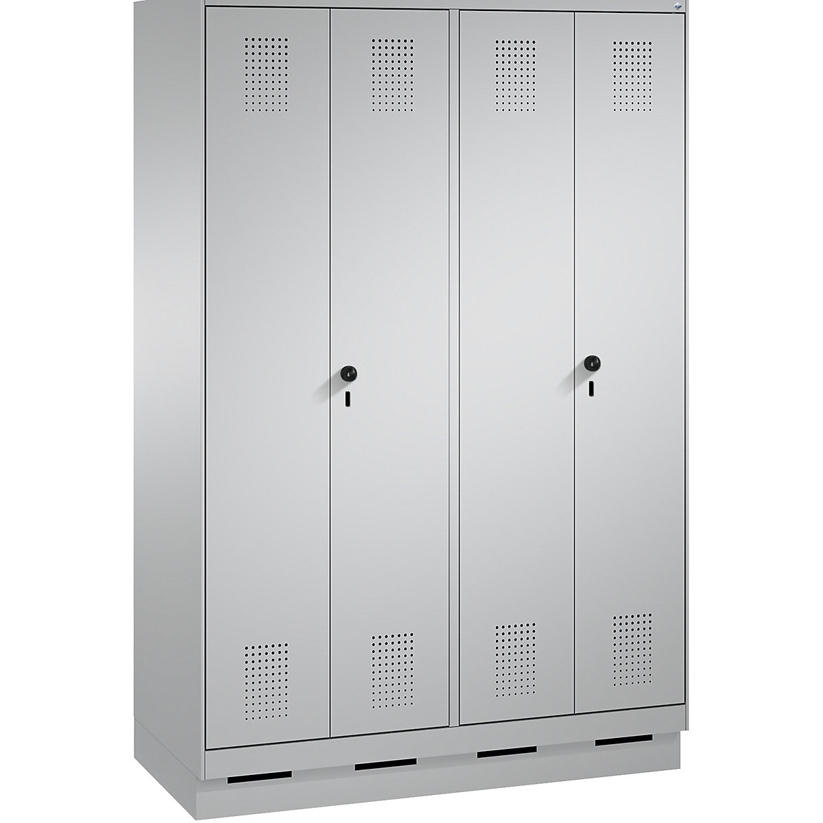 EVOLO Garderobenschrank, zueinander schlagende Türen C+P, 4 Abteile, Abteilbreite 300 mm, mit Sockel, weißaluminium / weißaluminium-7