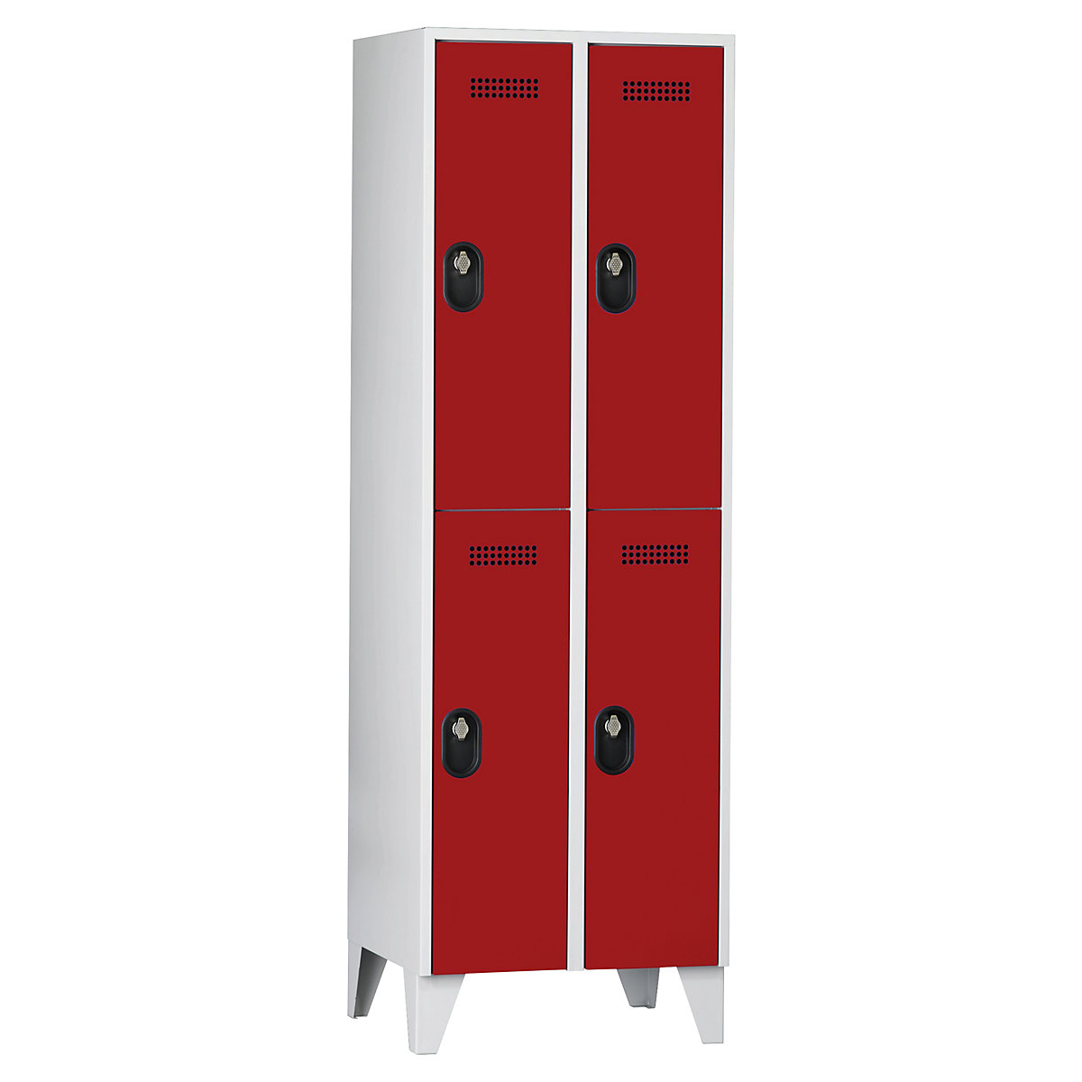 Wolf Garderobenschrank, Fachhöhe 820 mm, HxBxT 1850 x 600 x 500 mm, Abteilbreite 300 mm, Korpus- / Türfarbe Lichtgrau / Feuerrot