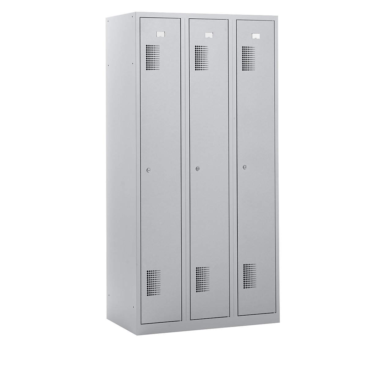 Garderobenschrank eurokraft basic, Höhe 1800 mm, Breite 900 mm, 3 Abteile, mit Zylinderschloss, lichtgrau