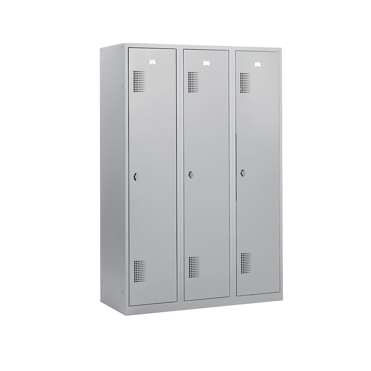Garderobenschrank eurokraft basic, Höhe 1800 mm, Breite 1200 mm, 3 Abteile, mit Vorhängeschlossvorrichtung, lichtgrau