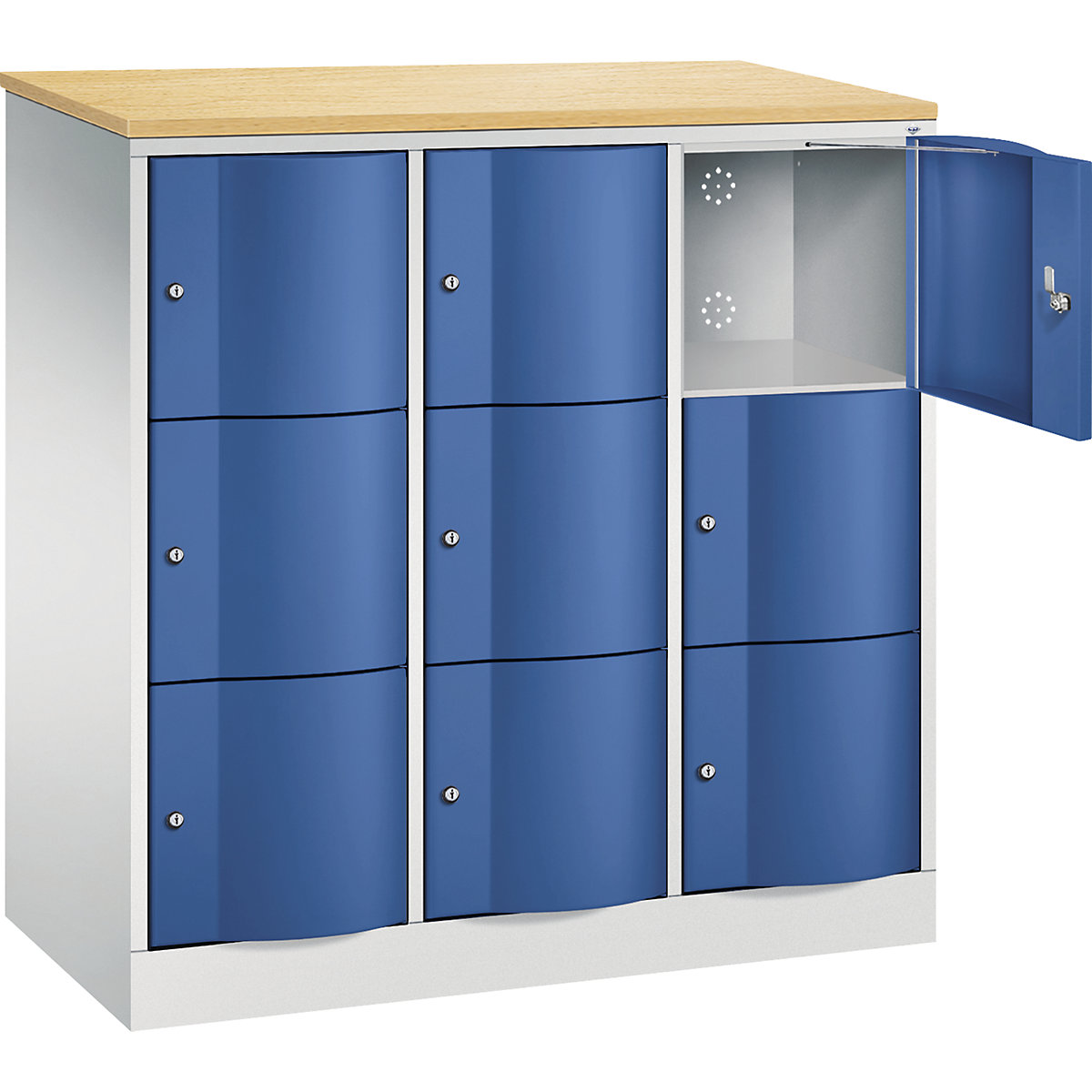 RESISTO Schließfachschrank C+P, HxBxT 1255 x 1150 x 540, 9 Fächer, lichtgrau RAL 7035 / enzianblau RAL 5010-9