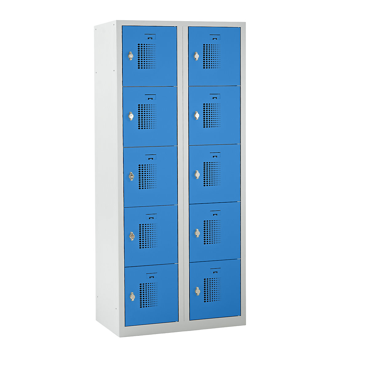 Schließfachschrank eurokraft basic, 2 Abteile, BxH 800 x 1800 mm, 10 Fächer, Drehriegel für Vorhängeschloss, lichtgrau/lichtblau