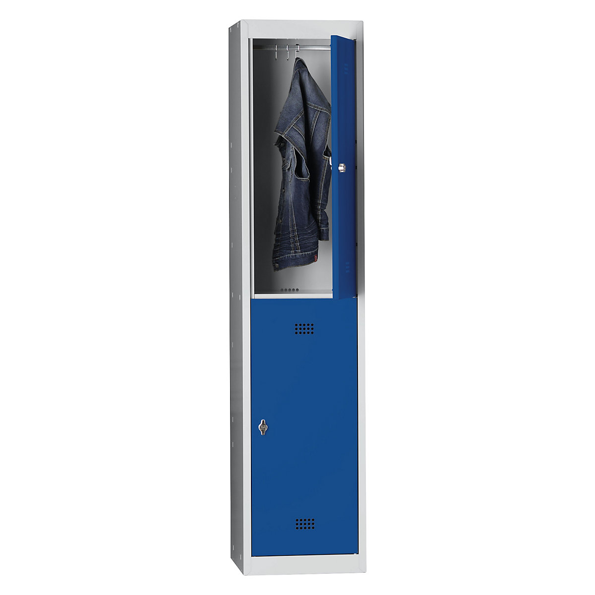 Wolf Stahlspind, 2 Abteile, Höhe 840 mm, Breite 400 mm, 1 Kleiderstange, Grundelement, lichtgrau / enzianblau