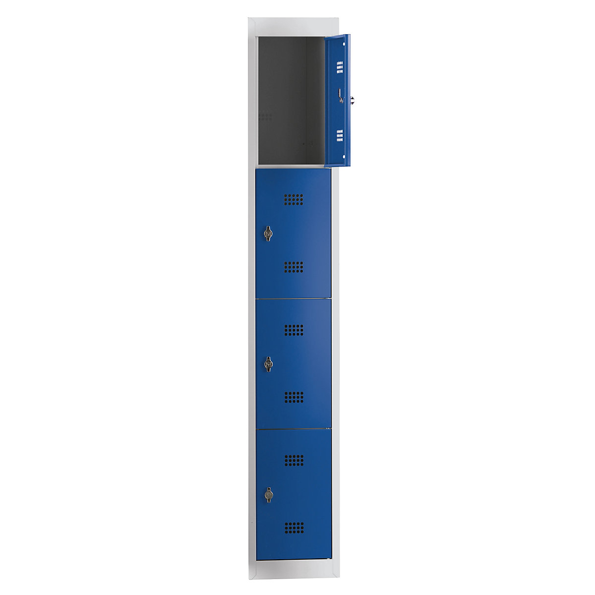 Wolf Stahlspind, zerlegt, 4 Fächer, Höhe 410 mm, Breite 300 mm, Anbauelement, lichtgrau / enzianblau
