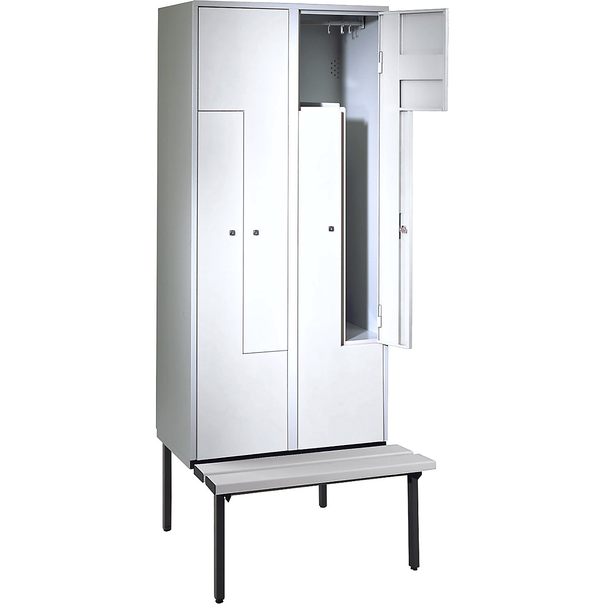 Z-Garderobenschrank mit Sitzbank Wolf, HxBxT 2140 x 800 x 500 mm, 4 Abteile, Türen lichtgrau-8