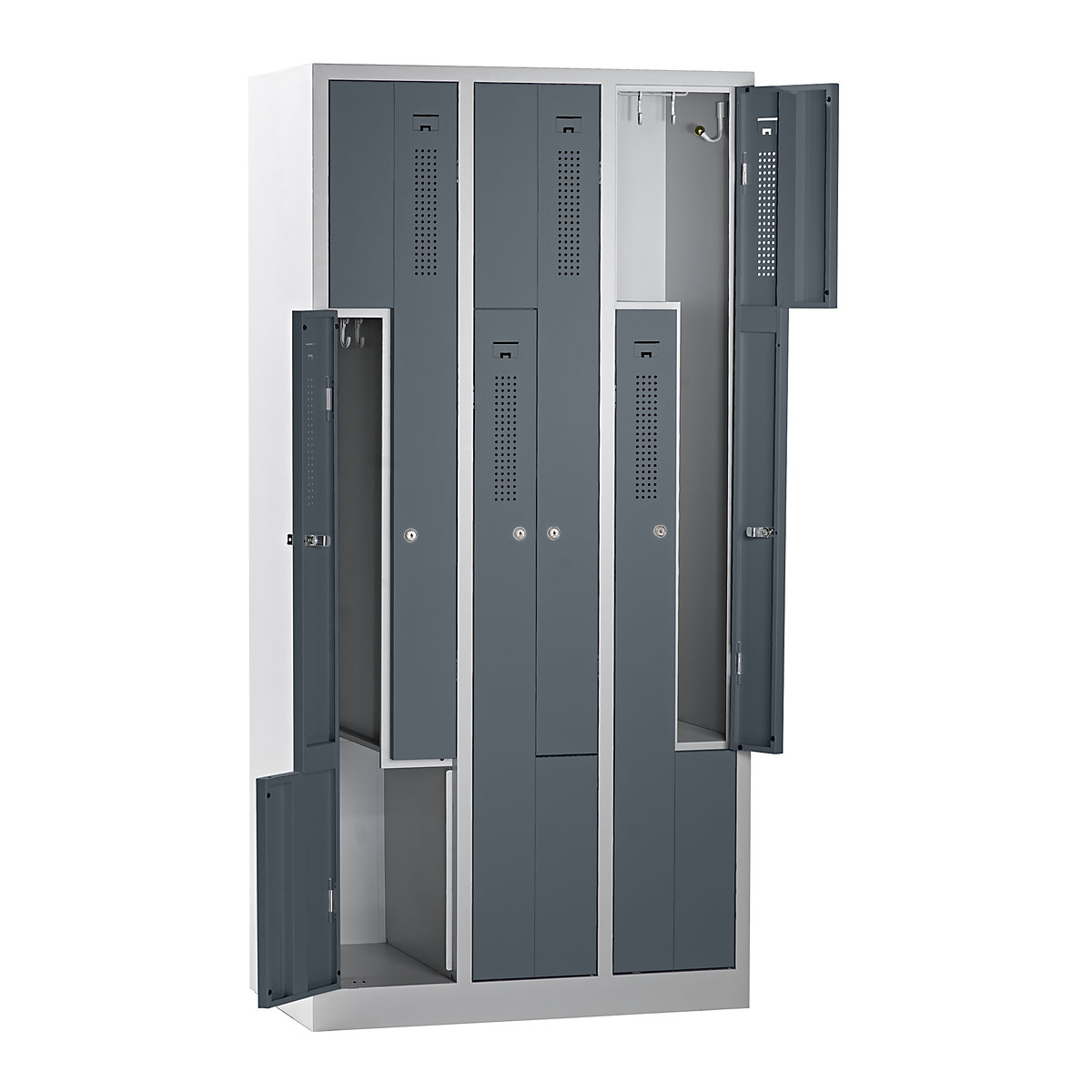Z-Garderobenschrank eurokraft basic, Breite 870 mm, 3 Abteile, 6 Türen, Türfarbe Basaltgrau, Korpus lichtgrau