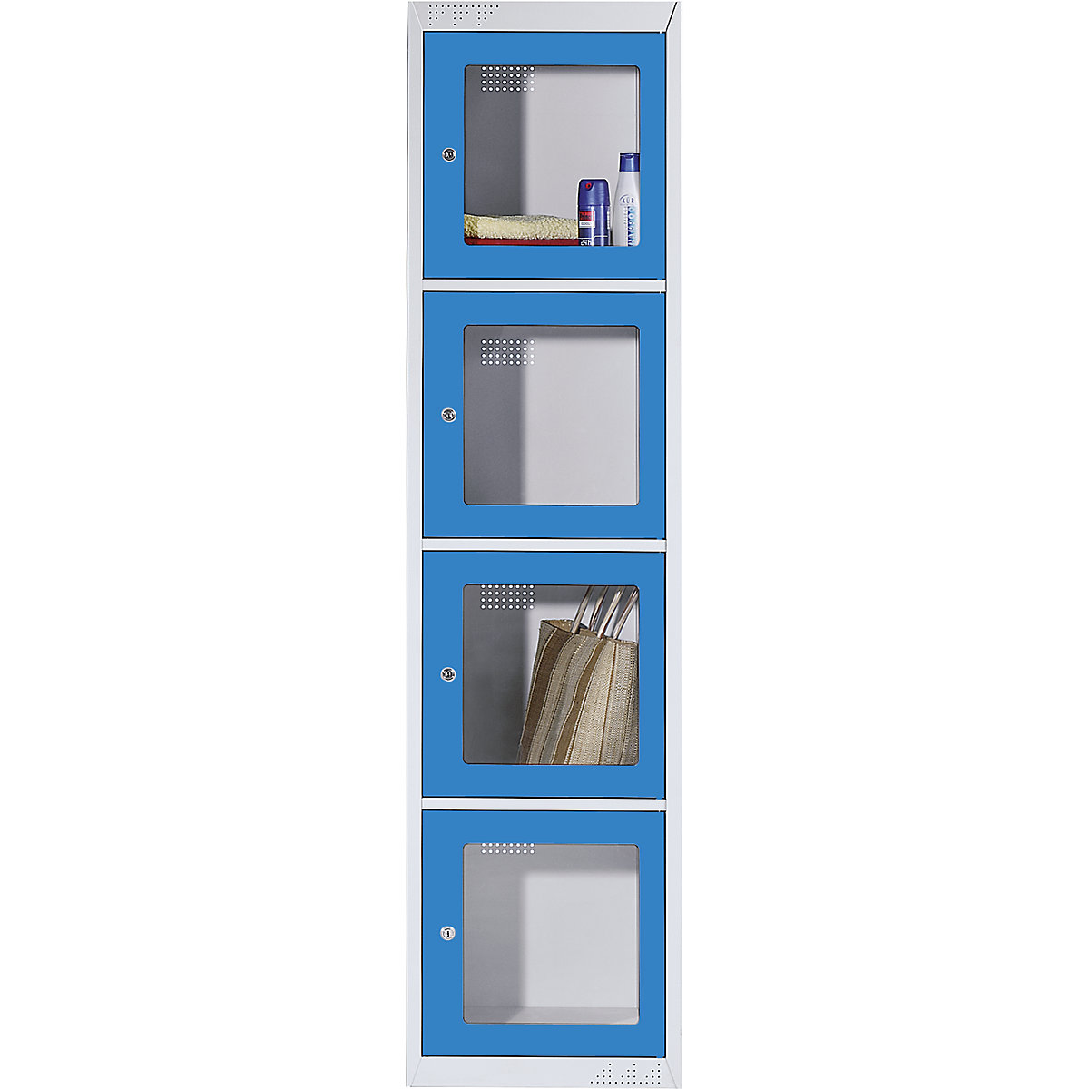 EUROKRAFTbasic Schließfachschrank mit Sichtfenster, 4 Fächer mit Fenster, lichtgrau / lichtblau, Grundelement