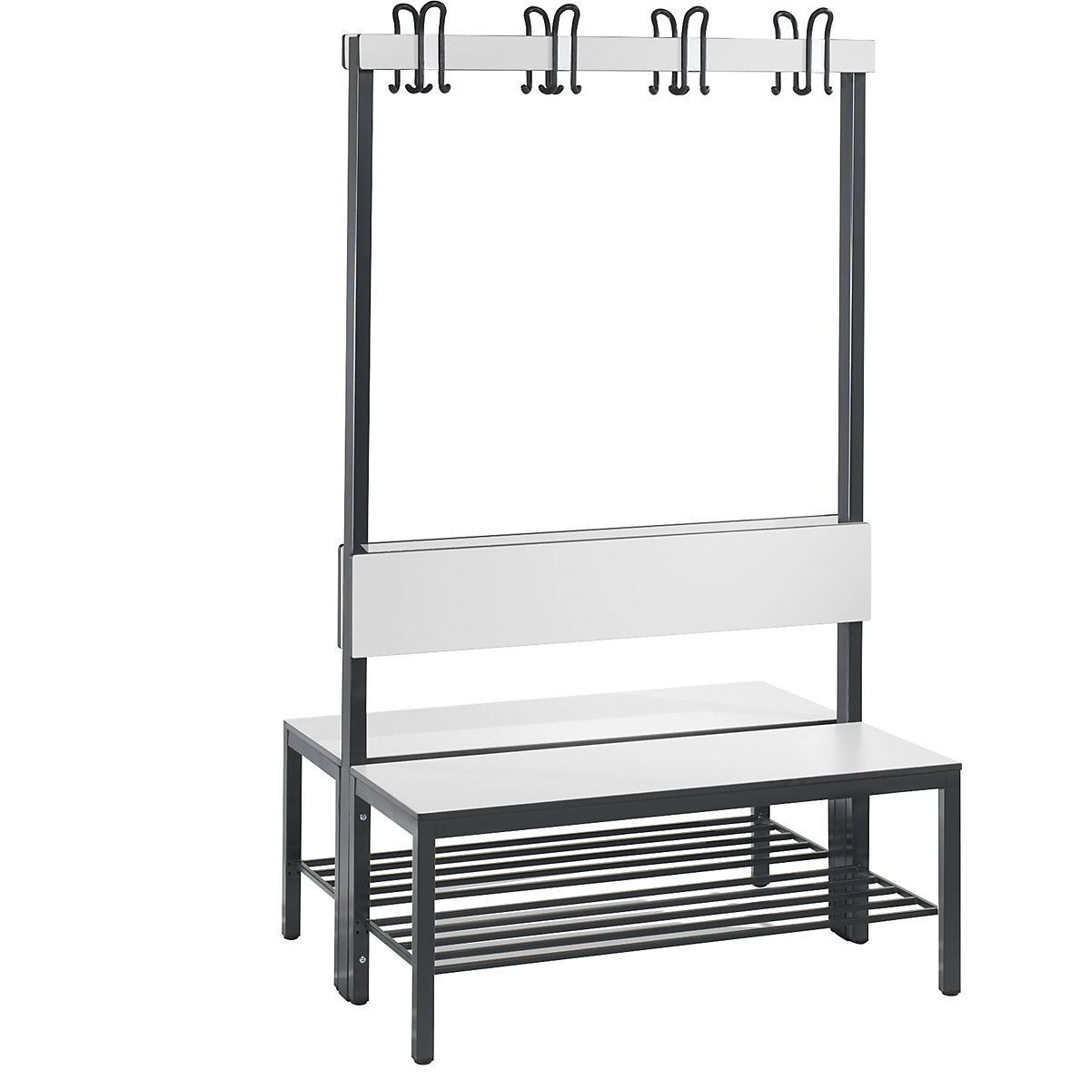 BASIC PLUS cloakroom bench, double sided – C+P, seat HPL, hook rail, shoe rack, length 1000 mm, white-8