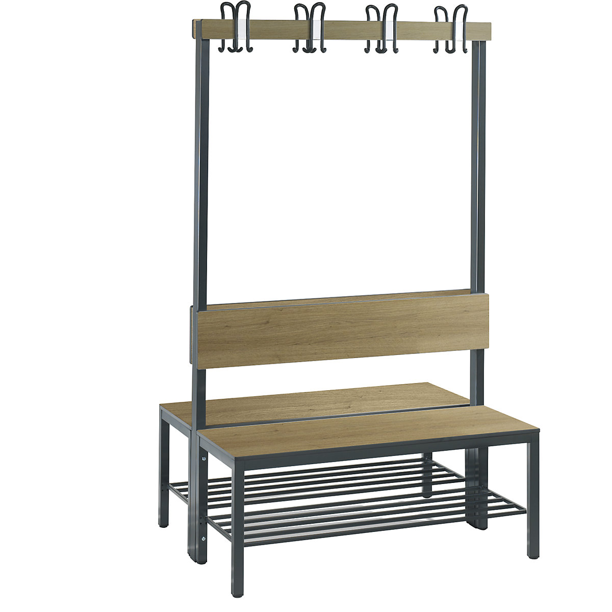 BASIC PLUS cloakroom bench, double sided – C+P, seat HPL, hook rail, shoe rack, length 1000 mm, oak finish-9