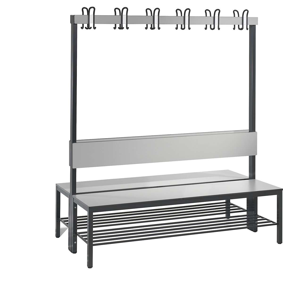 BASIC PLUS cloakroom bench, double sided – C+P, seat HPL, hook rail, shoe rack, length 1500 mm, silver grey-6