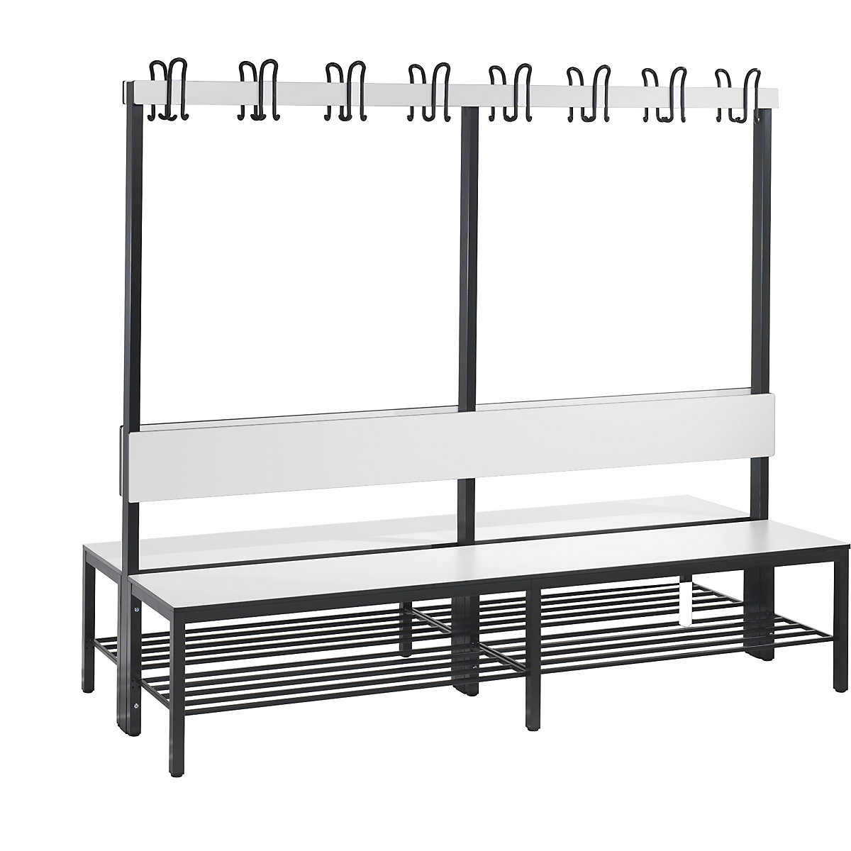 BASIC PLUS cloakroom bench, double sided – C+P, seat HPL, hook rail, shoe rack, length 1960 mm, white-2