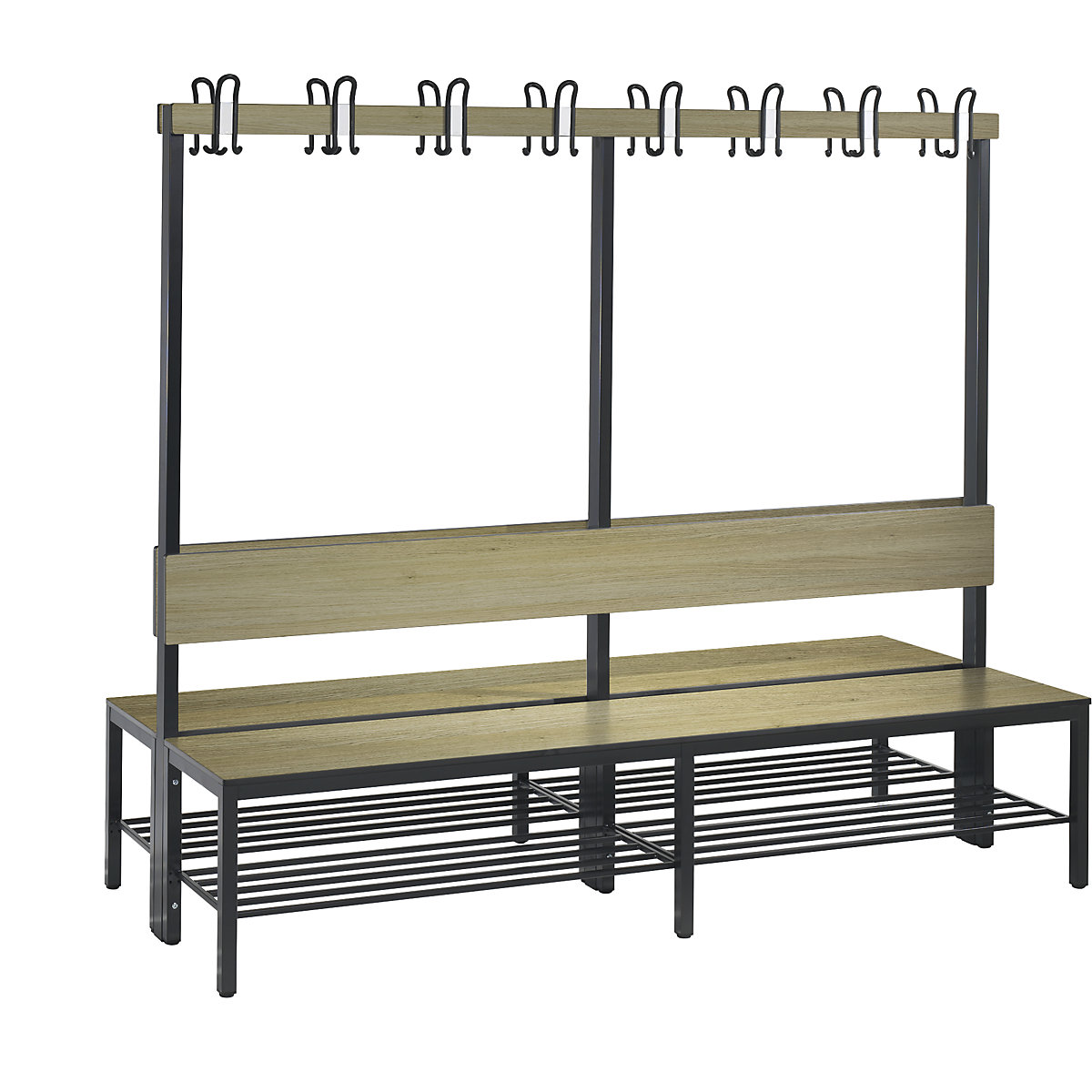 BASIC PLUS cloakroom bench, double sided – C+P, seat HPL, hook rail, shoe rack, length 1960 mm, oak finish-5