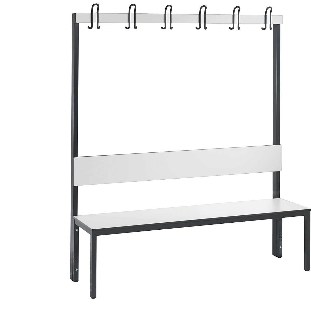 BASIC PLUS cloakroom bench, single sided – C+P, seat HPL, hook rail, length 1500 mm, white-3