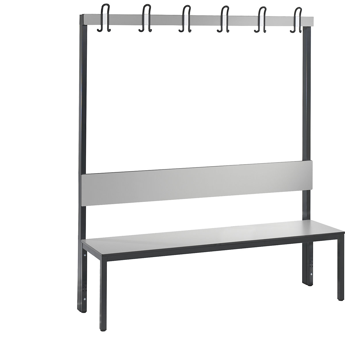 BASIC PLUS cloakroom bench, single sided – C+P, seat HPL, hook rail, length 1500 mm, silver grey-9