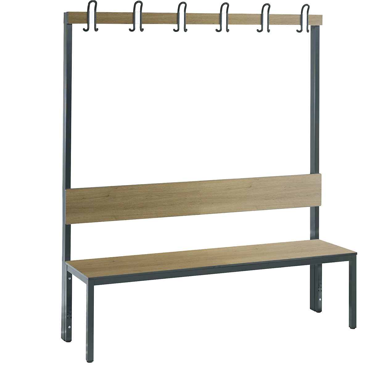 BASIC PLUS cloakroom bench, single sided – C+P, seat HPL, hook rail, length 1500 mm, oak finish-5