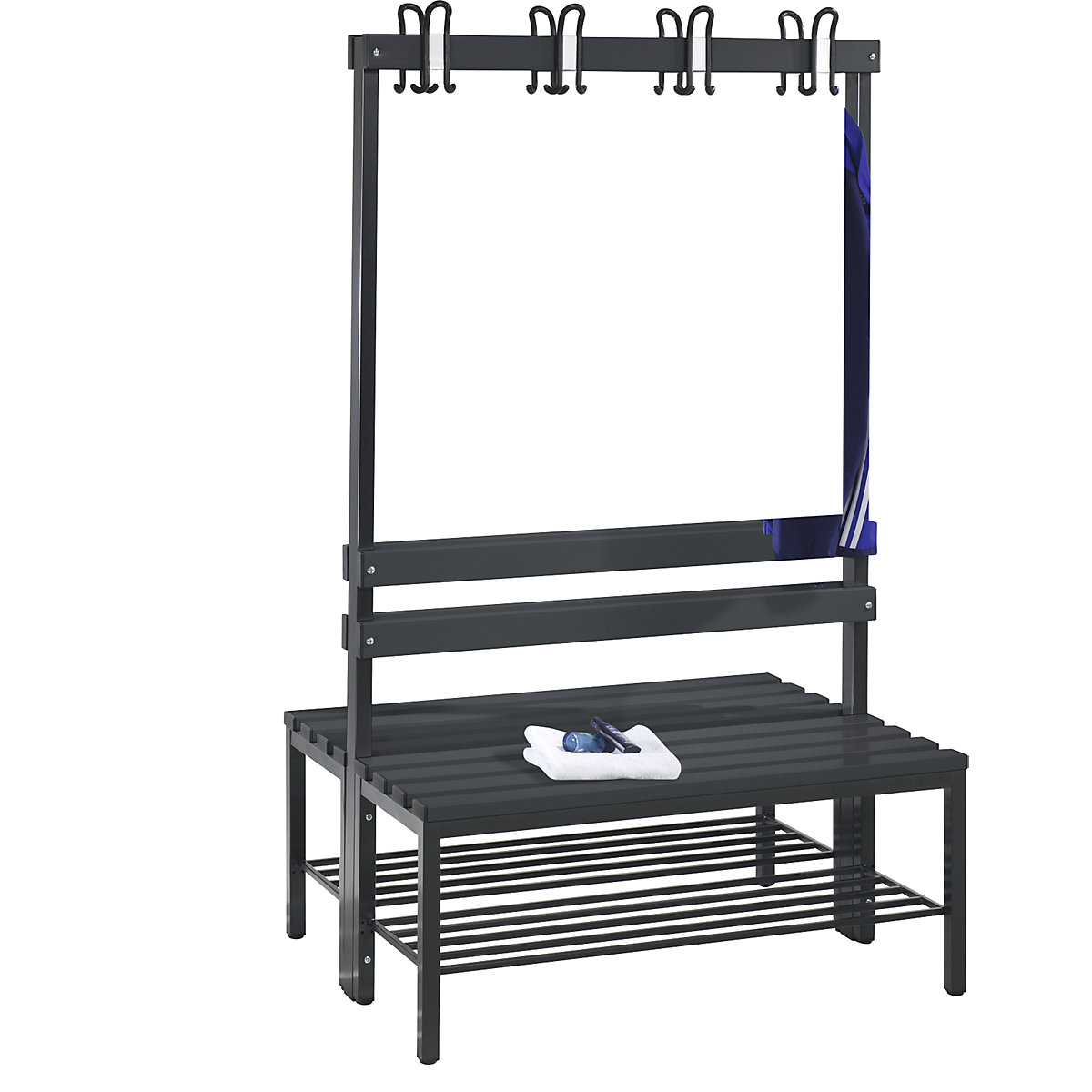 BASIC cloakroom bench, double sided – C+P, hook rail, shoe rack, plastic, length 1000 mm, black grey-5
