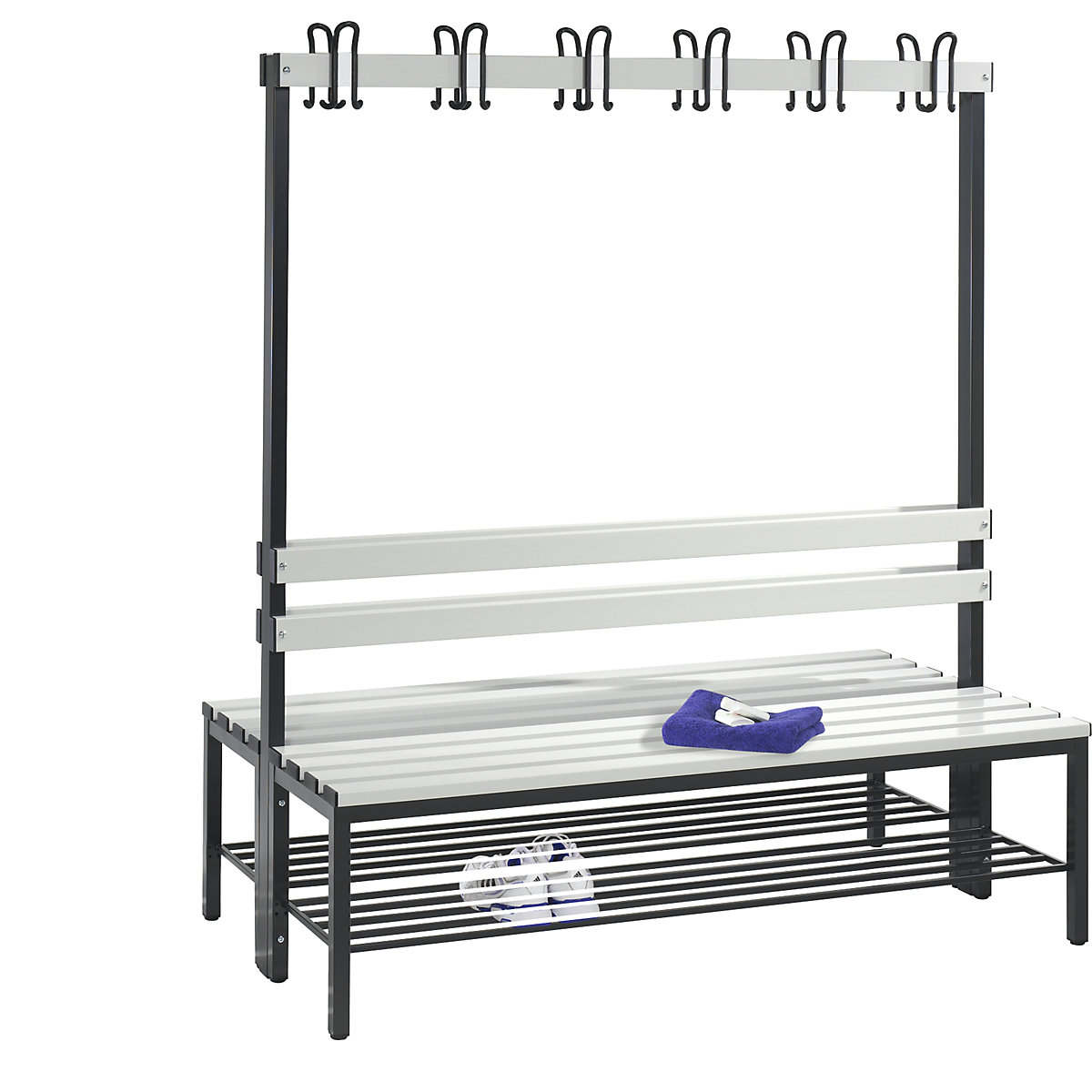 BASIC cloakroom bench, double sided – C+P, hook rail, shoe rack, plastic, length 1500 mm, light grey-7