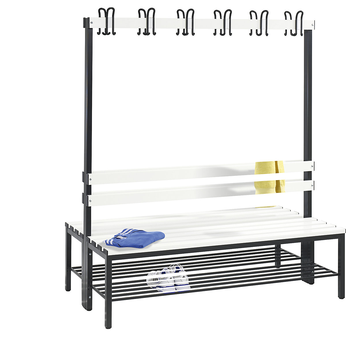 BASIC cloakroom bench, double sided – C+P, hook rail, shoe rack, plastic, length 1500 mm, pure white-3