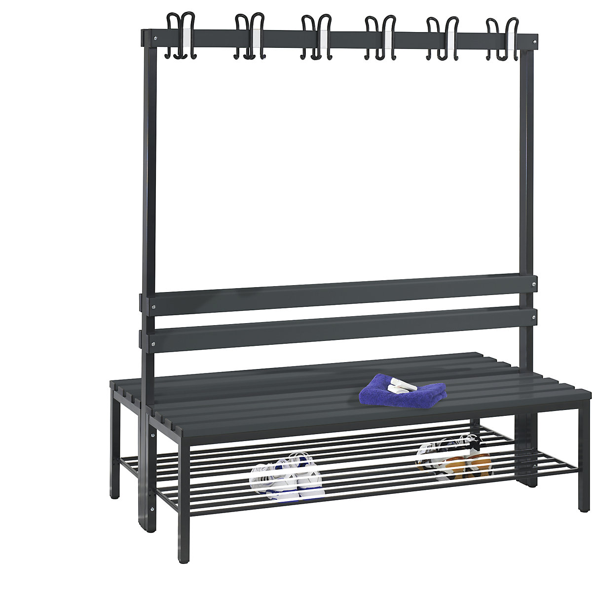 BASIC cloakroom bench, double sided – C+P, hook rail, shoe rack, plastic, length 1500 mm, black grey-4