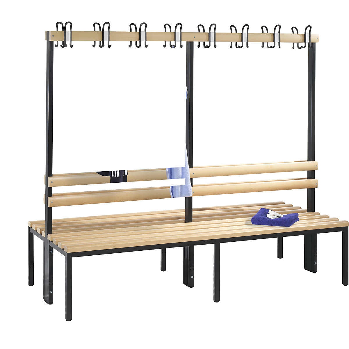 BASIC cloakroom bench, double sided – C+P, hook rail, beech, length 1960 mm-1