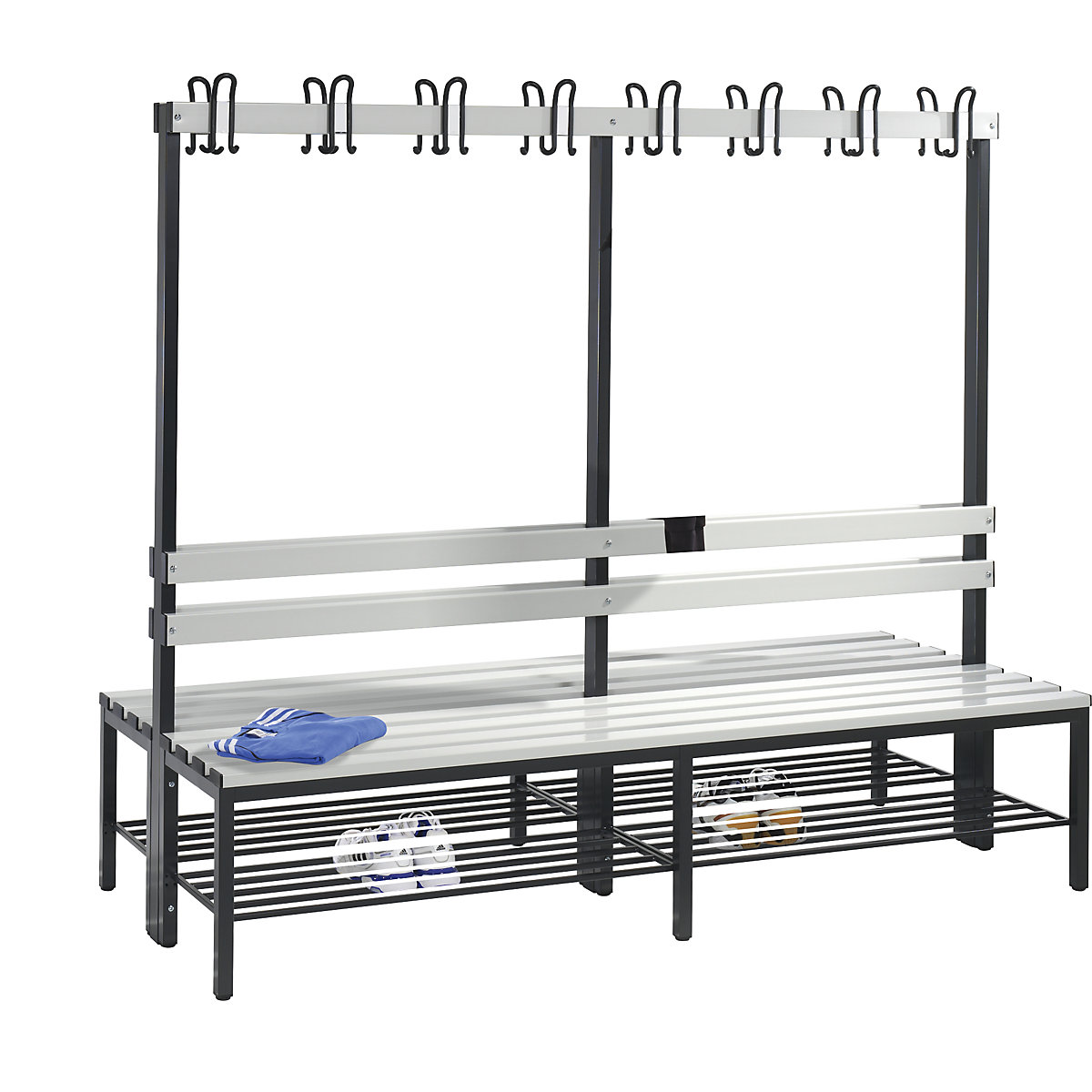BASIC cloakroom bench, double sided – C+P, hook rail, shoe rack, plastic, length 1960 mm, light grey-6