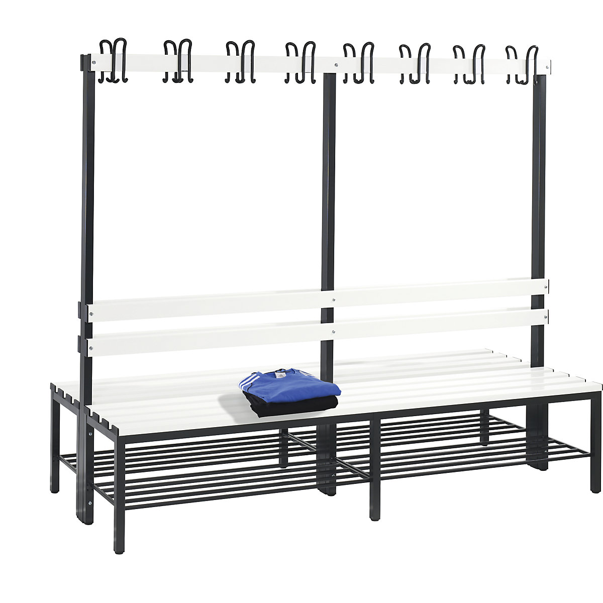 BASIC cloakroom bench, double sided – C+P, hook rail, shoe rack, plastic, length 1960 mm, pure white-1