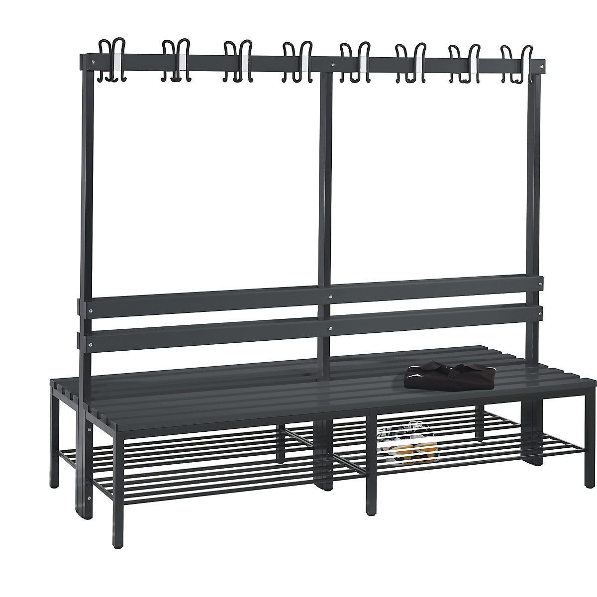 BASIC cloakroom bench, double sided – C+P, hook rail, shoe rack, plastic, length 1960 mm, black grey-8