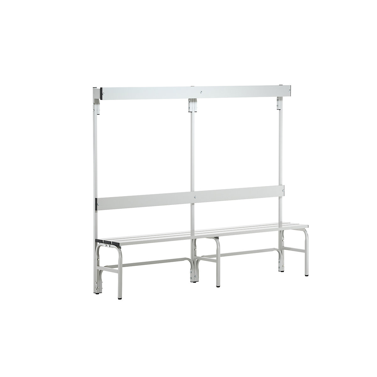 Sypro – Changing room bench made of stainless steel, HxD 1650 x 375 mm, length 1500 mm, 6 hooks, light grey