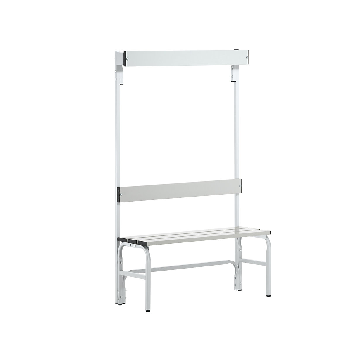 Sypro – Changing room bench made of stainless steel, HxD 1650 x 375 mm, length 1015 mm, 3 hooks, light grey