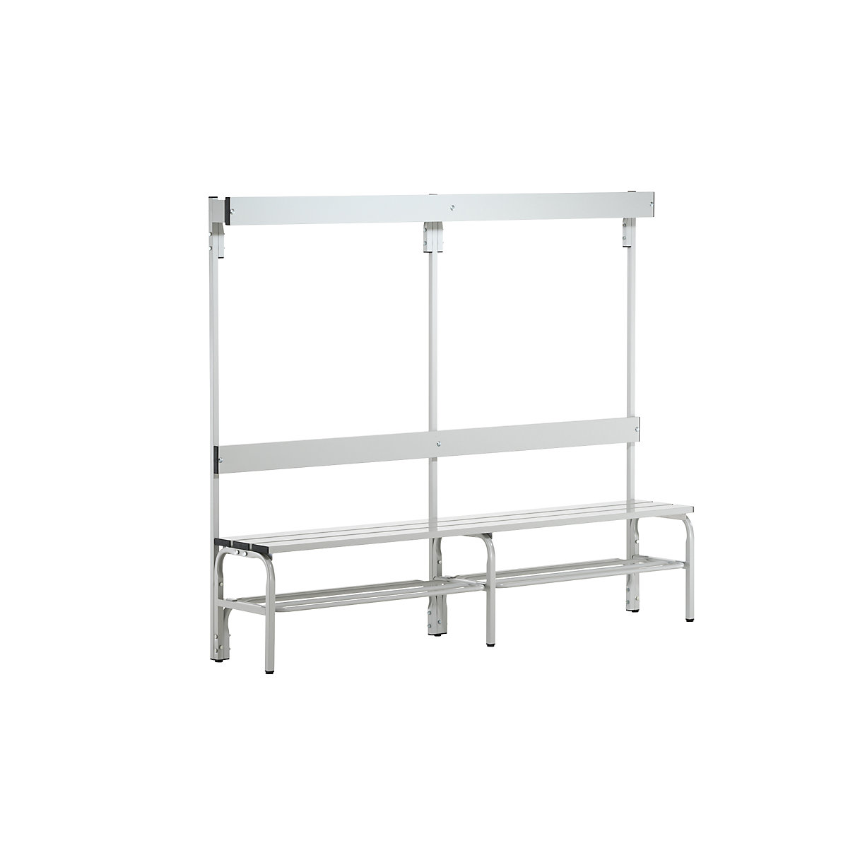 Sypro – Changing room bench made of stainless steel, HxD 1650 x 375 mm, length 1500 mm, 6 hooks, light grey, shoe rack