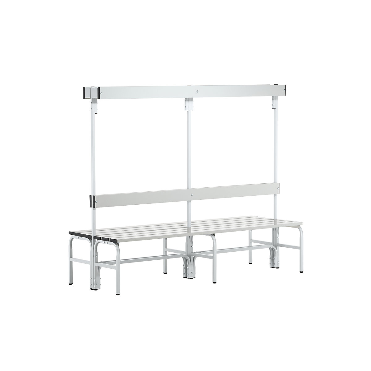 Sypro – Changing room bench made of stainless steel, HxD 1650 x 725 mm, length 1500 mm, 12 hooks, light grey