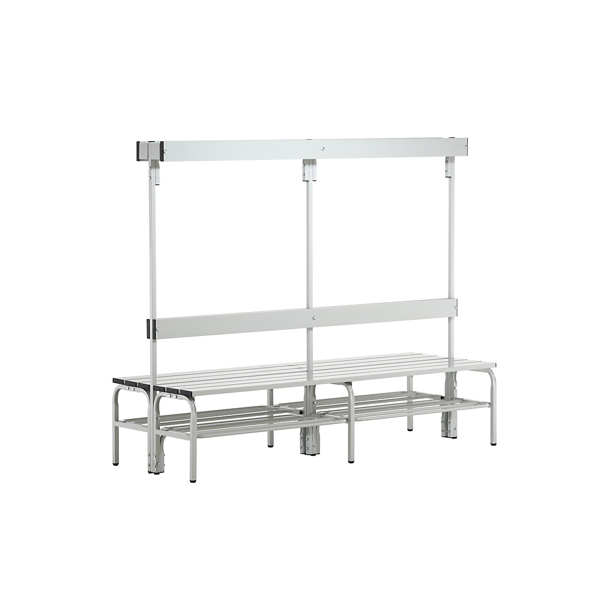 Sypro – Changing room bench made of stainless steel, HxD 1650 x 725 mm, length 1500 mm, 12 hooks, light grey, shoe rack