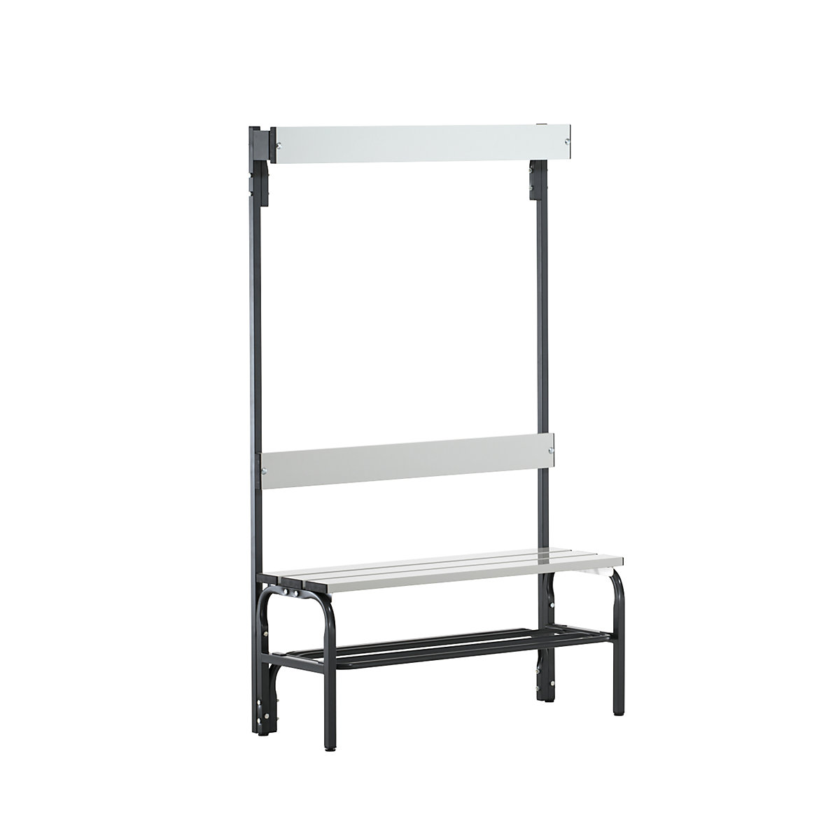 Changing room bench made of stainless steel – Sypro, HxD 1650 x 375 mm, length 1015 mm, 3 hooks, charcoal, shoe rack-2