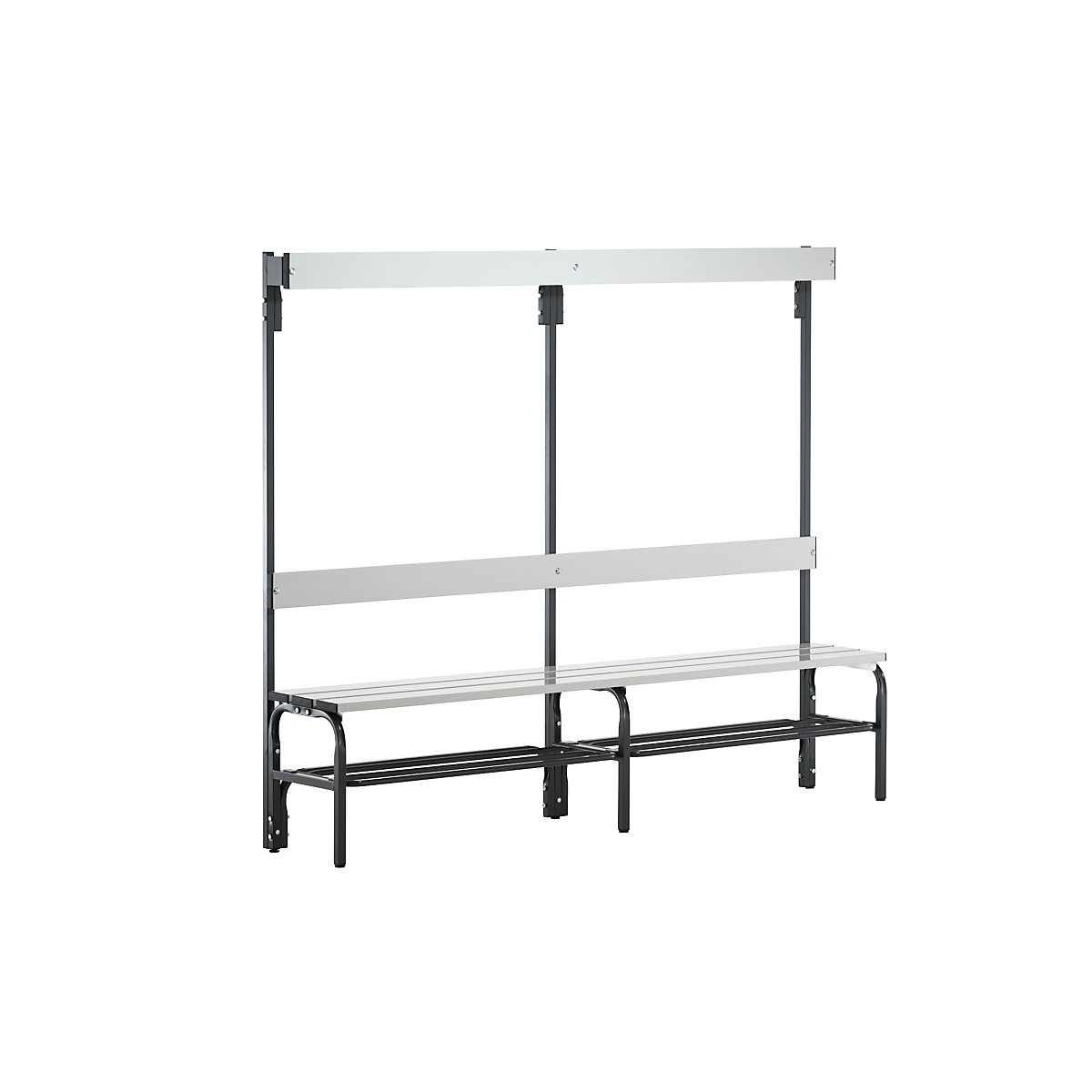 Sypro – Changing room bench made of stainless steel, HxD 1650 x 375 mm, length 1500 mm, 6 hooks, charcoal, shoe rack