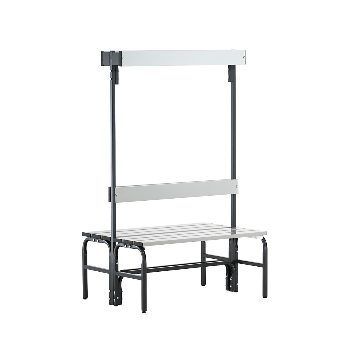 Sypro – Changing room bench made of stainless steel, HxD 1650 x 725 mm, length 1015 mm, 6 hooks, charcoal