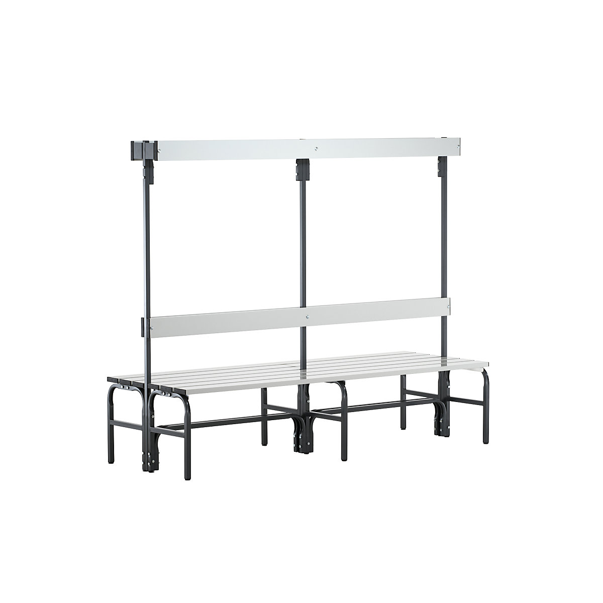 Sypro – Changing room bench made of stainless steel, HxD 1650 x 725 mm, length 1500 mm, 12 hooks, charcoal