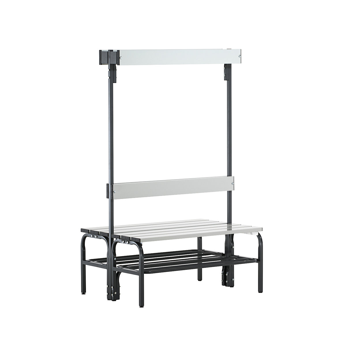Sypro – Changing room bench made of stainless steel, HxD 1650 x 725 mm, length 1015 mm, 6 hooks, charcoal, shoe rack