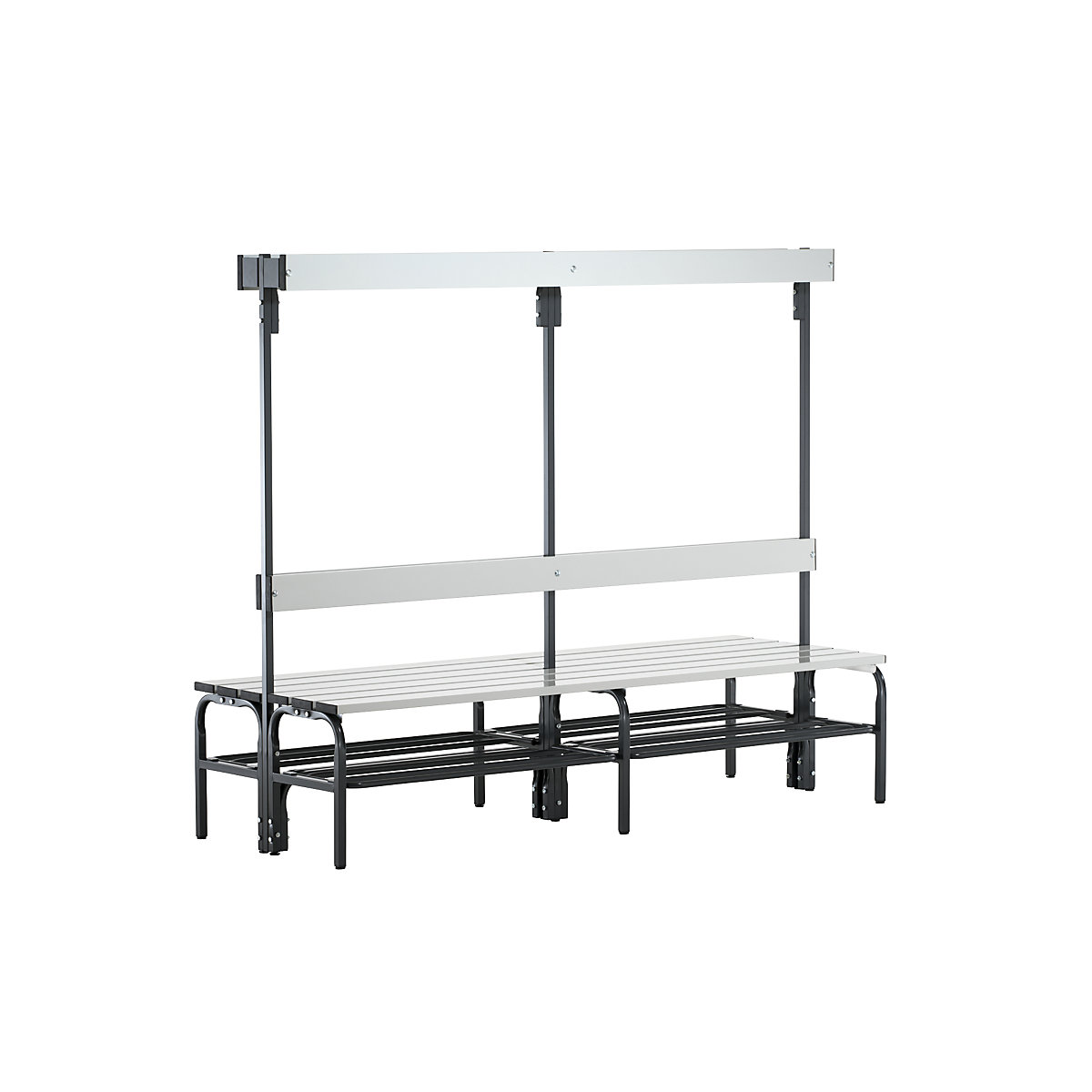 Sypro – Changing room bench made of stainless steel, HxD 1650 x 725 mm, length 1500 mm, 12 hooks, charcoal, shoe rack
