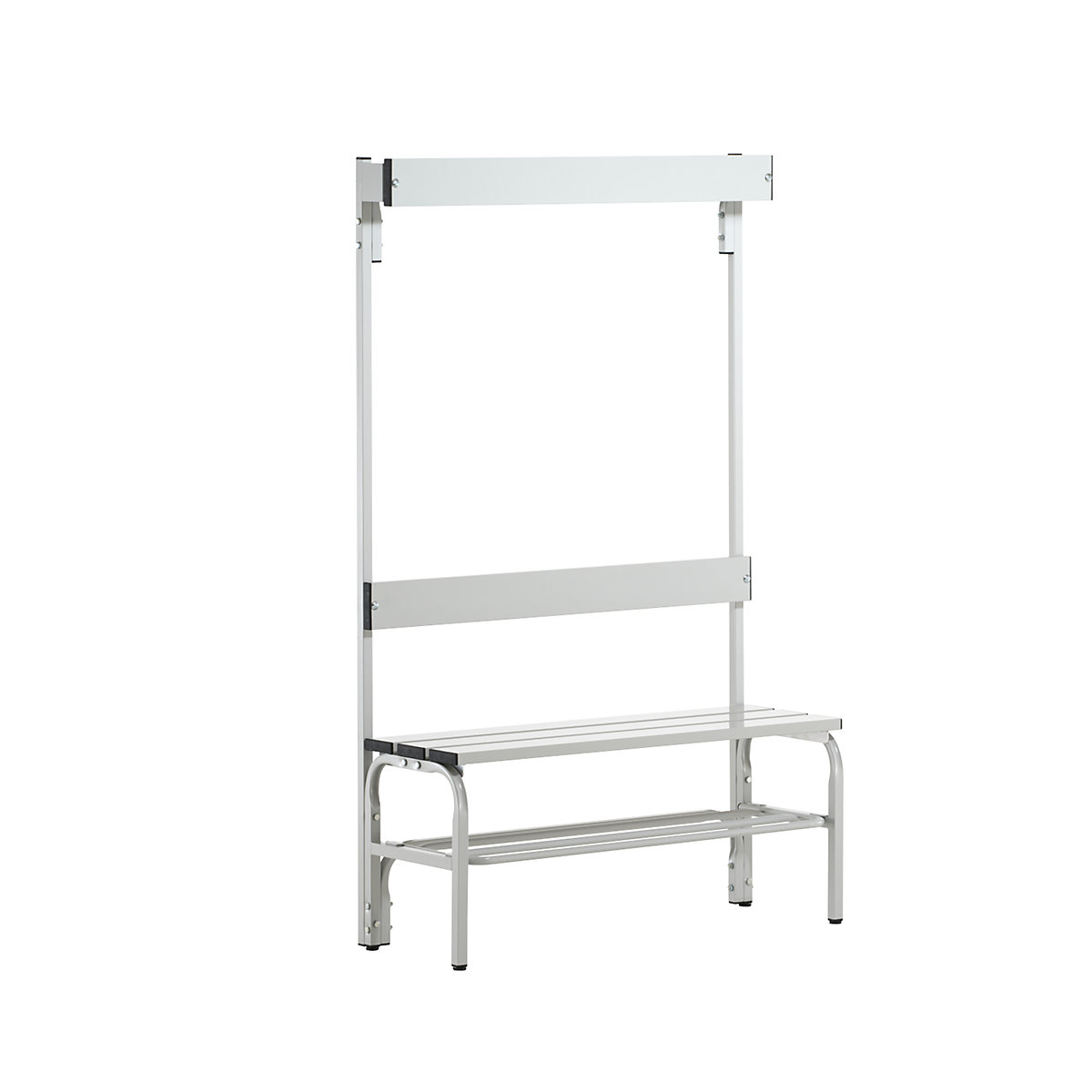 Sypro – Changing room bench with aluminium slats, HxD 1650 x 375 mm, single sided, length 1015 mm, 3 hooks, light grey, shoe rack