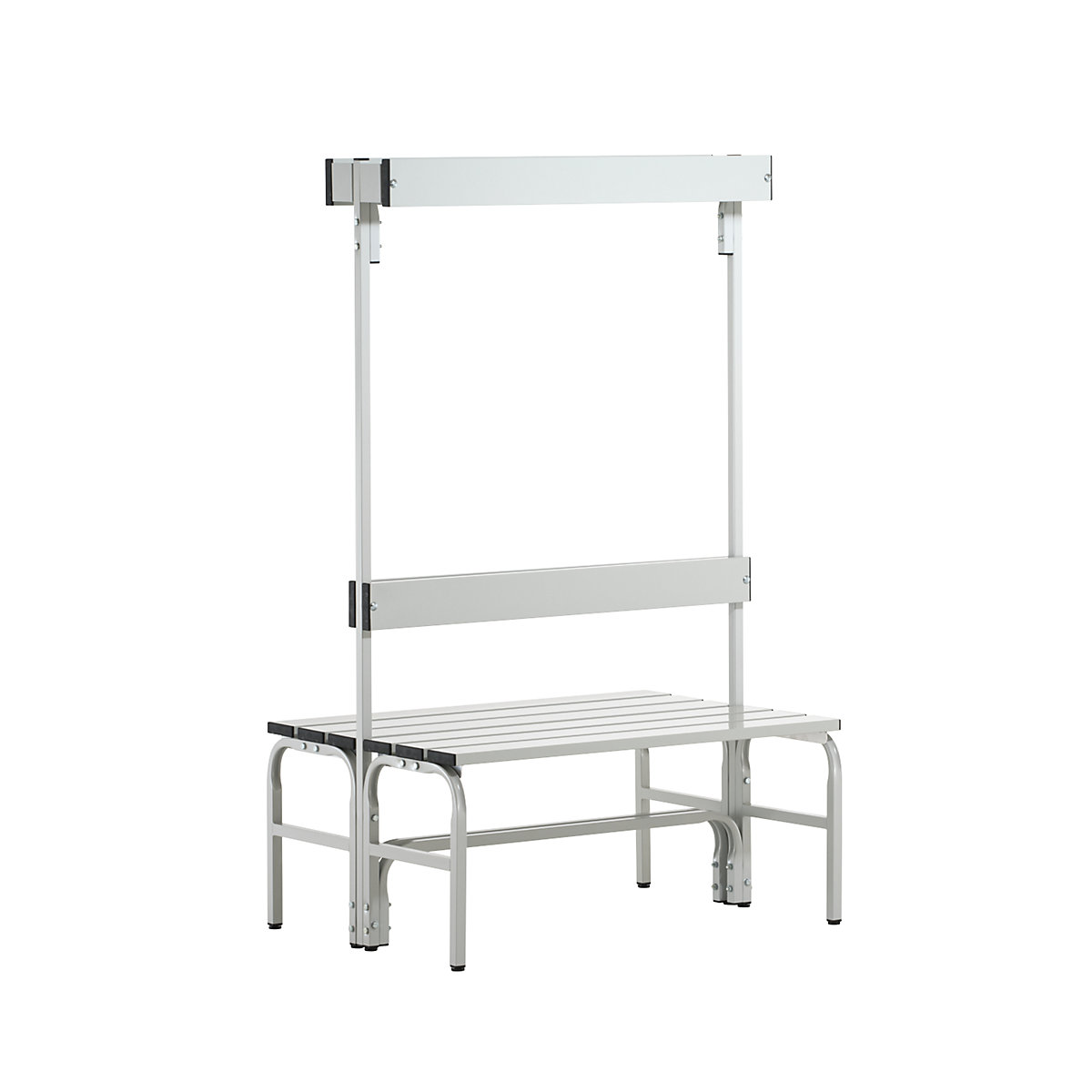 Changing room bench with aluminium slats – Sypro, HxD 1650 x 725 mm, double sided, length 1015 mm, 6 hooks, light grey-7