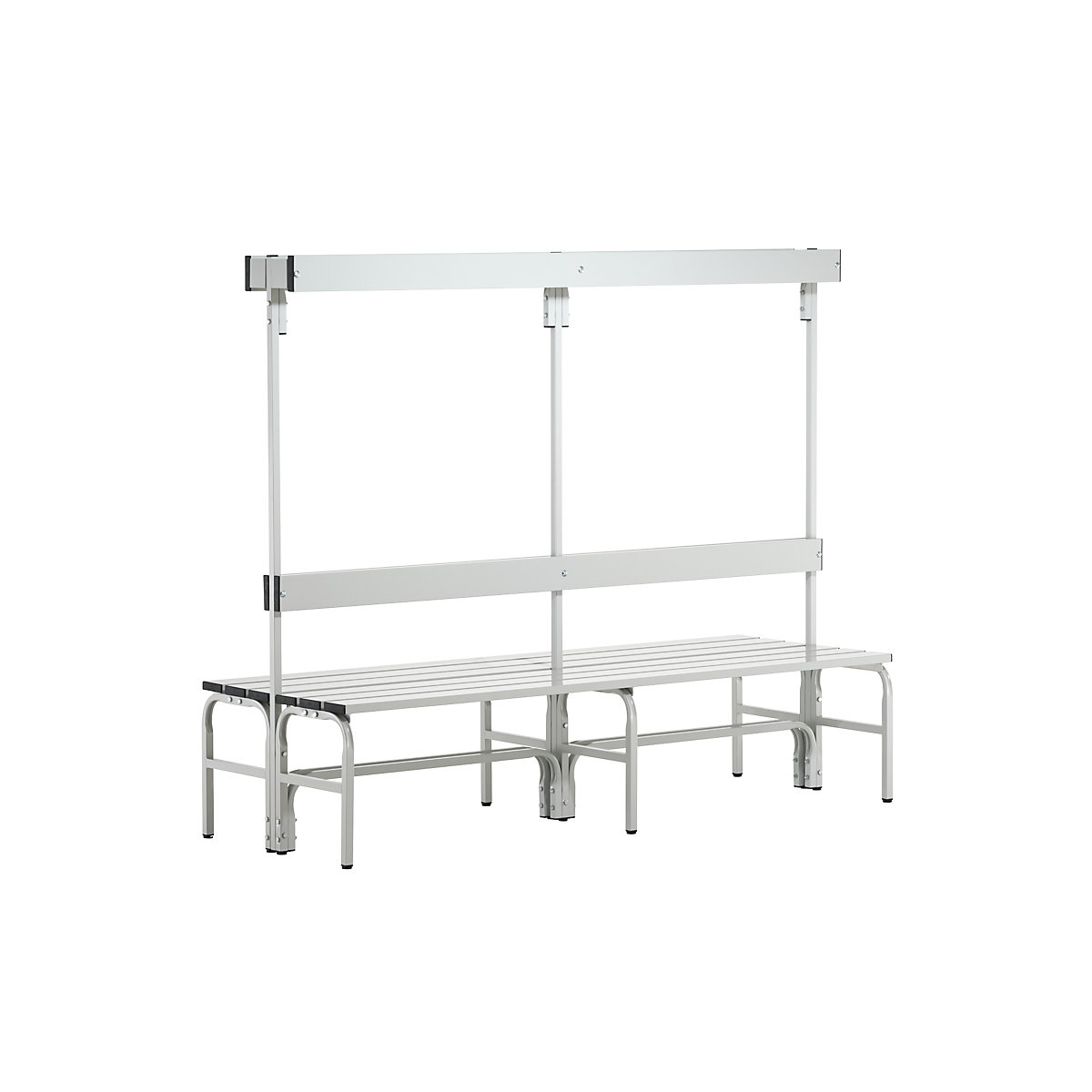 Sypro – Changing room bench with aluminium slats, HxD 1650 x 725 mm, double sided, length 1500 mm, 12 hooks, light grey