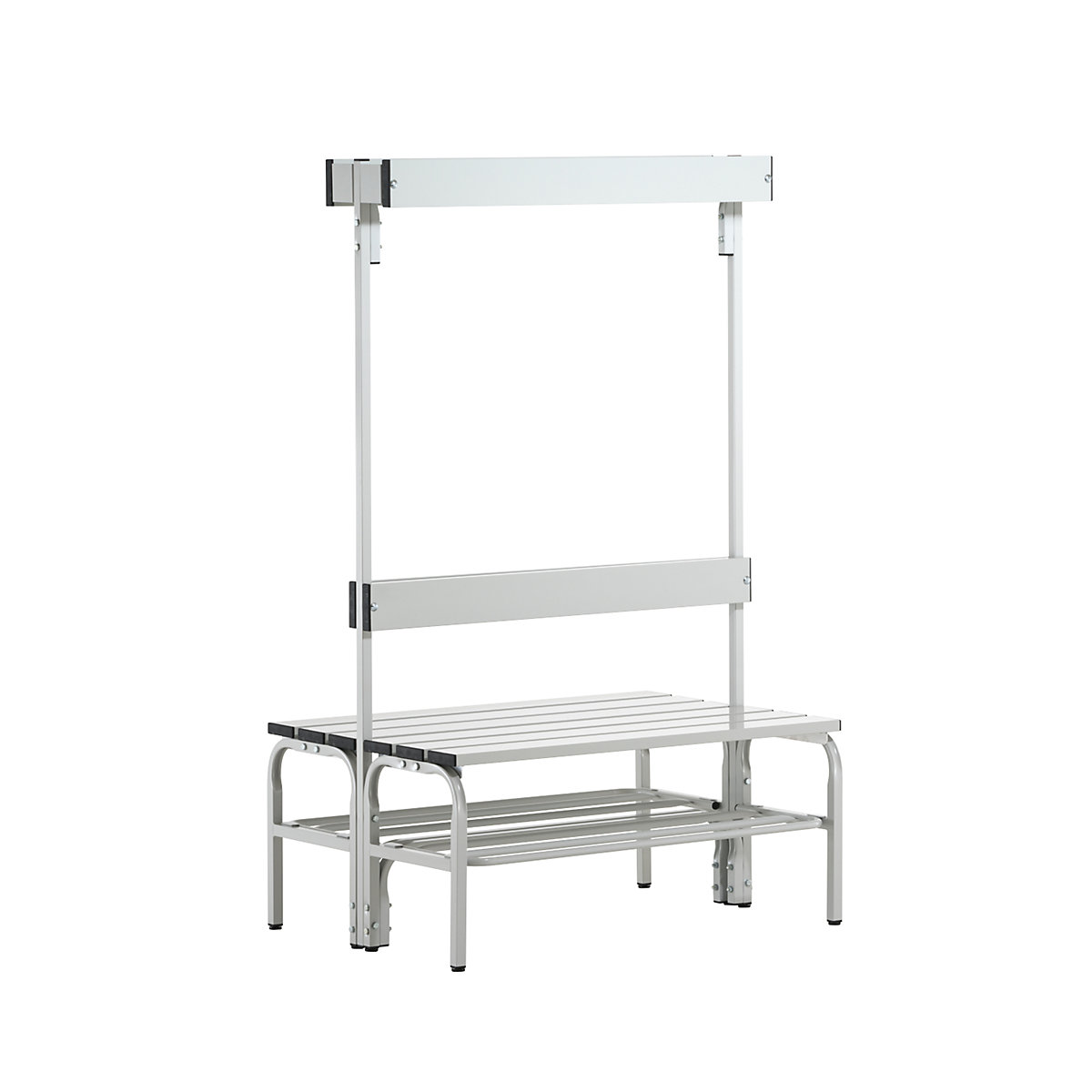 Sypro – Changing room bench with aluminium slats, HxD 1650 x 725 mm, double sided, length 1015 mm, 6 hooks, light grey, shoe rack